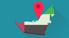 UAE Location Animation Loop With Red Location Marker Jumping On 3D Map Of United Arab Emirates In UAE Flag Colors In Flat Design Style With Green Background, White Background, Alpha Channel