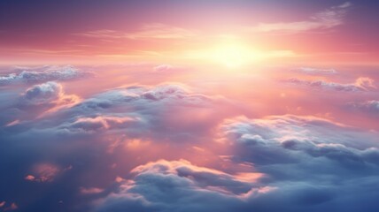 Wall Mural - Beautiful sunset sky above clouds with breathtaking light. Generative AI image