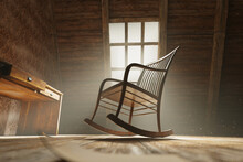 An Picture Of The Old Attic With A Wooden Rocking Chair. Inspiring Lighting