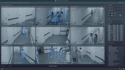 Playback CCTV cameras in hospital hallway on computer screen. Surveillance interface with AI futuristic program and people recognition system. Security cameras. Concept of identification and tracking.