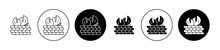 Brick Wall And Fire Vector Icon Set. Computer Firewall Symbol In Black Filled And Outlined Style.