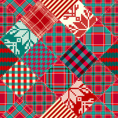 Fototapete - Patchwork textile pattern. Seamless quilting design background. Merry Christmas cozy pattern.