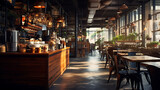 Fototapeta Londyn - The captivating ambiance of a cafe with an image showcasing a perfectly brewed cup of coffee, the barista’s artistry through beautiful latte art, while the steam rises gracefully from the cup, the cof