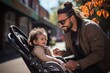 father fastening toddler son in stroller on sunny sidewalk