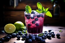 A Chilled Glass Of Blueberry Basil Lemonade, Glistening In The Summer Sunlight, Surrounded By Fresh Blueberries And Basil Leaves On A Rustic Wooden Table