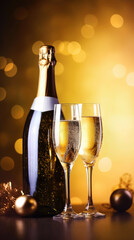 Glasses of champagne on a blurred background with bokeh, party or holiday concept. New Year or Christmas sparkling background with copy space. Gold and black colors.