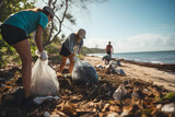 Fototapeta  - Young people cleaning the beach of waste and plastic
