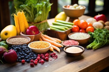 Wall Mural - a wooden table with a colorful array of fruits, vegetables, and grains