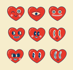 Wall Mural - Groovy lovely hearts stickers. Love concept. Happy Valentines day. Funky happy heart character in trendy retro 60s 70s cartoon style. Vector illustration in red colors.