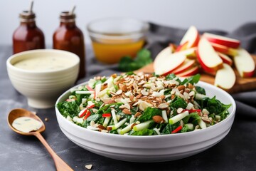 Canvas Print - apple and almond salad next to a bowl of dressing