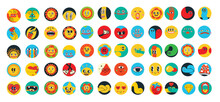 Groovy Hippie Love Round Icons Set. Comic Happy Retro Faces, Geometric Stickers, Characters In Trendy Retro 60s 70s Cartoon Style. Vintage Vector Illustrations.