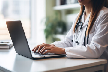 Wall Mural - Smiling female doctor giving advice to patient via laptop video call