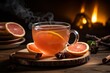 A steaming cup of Vanilla Grapefruit Tea sits invitingly on a rustic wooden table, surrounded by slices of fresh grapefruit and vanilla beans in the golden morning light