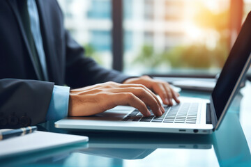 Hands of a businessman working on a laptop computer