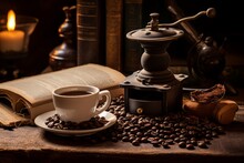 A Steaming Cup Of Freshly Brewed Coffee Sitting On A Rustic Wooden Table, Surrounded By A Vintage Coffee Grinder, A Pile Of Coffee Beans, And An Old Book
