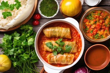 Poster - overhead shot of cabbage rolls and fresh ingredients