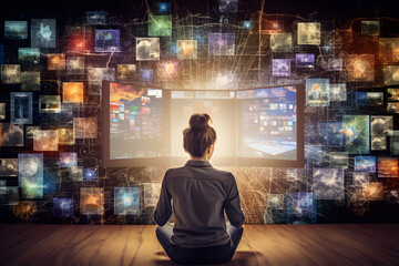 Wall Mural - Woman surrounded by big data from streaming services and social media, screens, photos, videos
