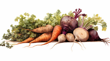 A rustic food design element made of whole and sliced root vegetables, fresh parsley leaves, and peppercorns, isolated over a transparent background, embodying a farm-to-table concept