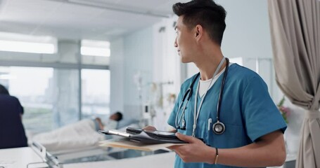 Aufkleber - Hospital, Asian man or doctor with a tablet, thinking or connection with research, digital app or healthcare. Person, employee or medical professional with technology, internet or website information
