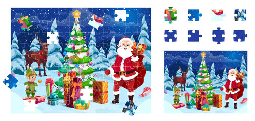 Poster - Christmas jigsaw puzzle game pieces. Santa and deer near Christmas pine tree. Correct puzzle piece find or search quiz vector worksheet with cartoon Santa, elf and reindeer winter holiday characters