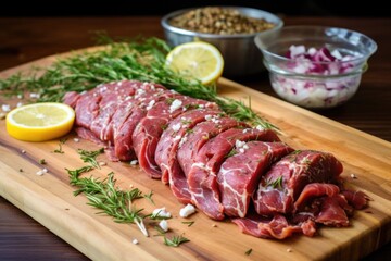 Wall Mural - raw, marinated meat ready for traditional gyro cooking