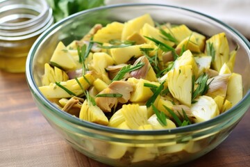 Canvas Print - artichoke hearts tossed in an enamel salad bowl