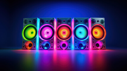 Set of modern colored neon music speakers advertising shot on dark background