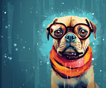 Minimalistic Retro Postcard Of Funny Sitting Dog In Glasses And Red Scarf In Retro Style Illustration