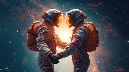 astronaut couple holding each other's hands on space sky background, imagination of love passion fan