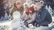 Group of elderly friends building a snowman in a snowy meadow, elderly people, winter trip, blurred background