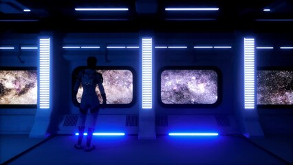 Wall Mural - an astronaut looks out the window of her space station (3d rendering)