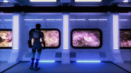 Wall Mural - an astronaut looks out the window of her space station (3d rendering)