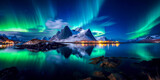 Fototapeta Góry - Amazing view of northen lights in Norway. Beutiful sky and reflection. Breathing mountain view in winter. AI generated image.