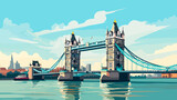 Fototapeta Londyn - simple flat 2D illustration, vector illustration, simple colors, tower bridge in London. Touristic site in the heart of the capital city London in the united kingdom. Famous tourist attraction. Suspen