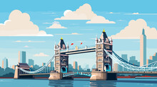 Simple Flat 2D Illustration, Vector Illustration, Simple Colors, Tower Bridge In London. Touristic Site In The Heart Of The Capital City London In The United Kingdom. Famous Tourist Attraction. Suspen