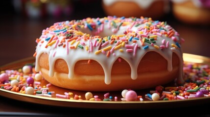Poster - A delicious doughnut is sitting in a box covered in sprinkles and icing.