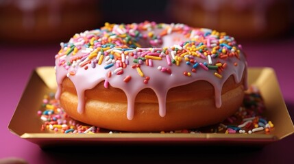 Poster - A delicious doughnut is sitting in a box covered in sprinkles and icing.