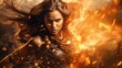 collage photo of strong warrior woman fighting with fire around her, intense and dramatic shot