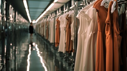 Aufkleber - A hanging clothes rack in the corridor in backstage of fashion show.