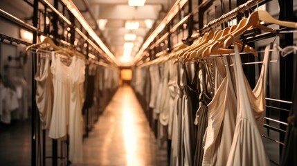 Wall Mural - A hanging clothes rack in the corridor in backstage of fashion show.