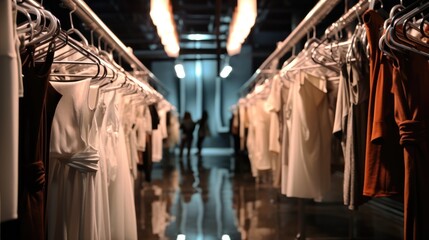 Aufkleber - A hanging clothes rack in the corridor in backstage of fashion show.