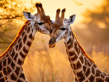 Two Giraffes Leaning In Close, Their Heads Touching, In A Heartwarming Display Of Affection.