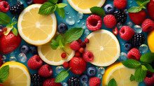An Uplifting Food Theme Design Made Of Ripe, Juicy Berries, Bright Lemon Slices, And Vibrant Mint Leaves, Isolated Over A Transparent Background, Capturing The Essence Of Summer Freshness