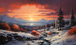 Fabulous winter landscape snow-capped mountains at sunrise.