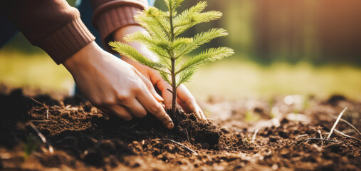 Wall Mural - closeup of hands planting pine tree seedling in forest soil. sustainable forestry, renewable resources