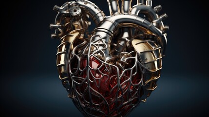 Poster - Anatomically correct human heart made from metal plates and pipes on black background.