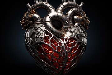 Poster - Anatomically correct human heart made from metal plates and pipes on black background.