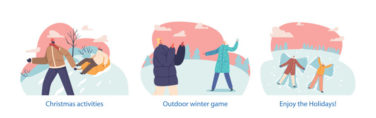 Wall Mural - Isolated Elements with Loving Couple Characters Playing Outdoor Winter Games on Christmas Holidays, Vector Illustration