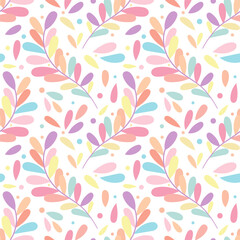 Poster - Cute vector pattern with flat leaf illustrations, colorful pastel background