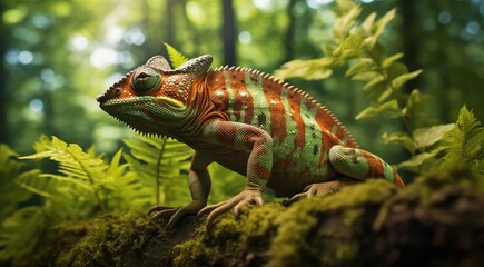 Wall Mural - green iguana on a tree, green iguana on a tree branch, close-up of colored chameleon on the tree, close-up of a chameleon in the forest, colorful chameleon face